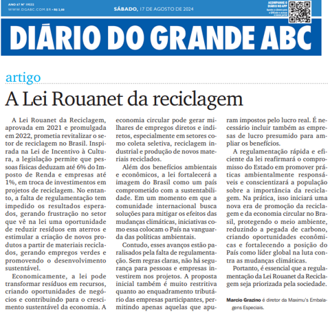 Na Mídia: Em artigo no DGABC, diretor da Maximu’s fala sobre a “Lei Rouanet” da reciclagem