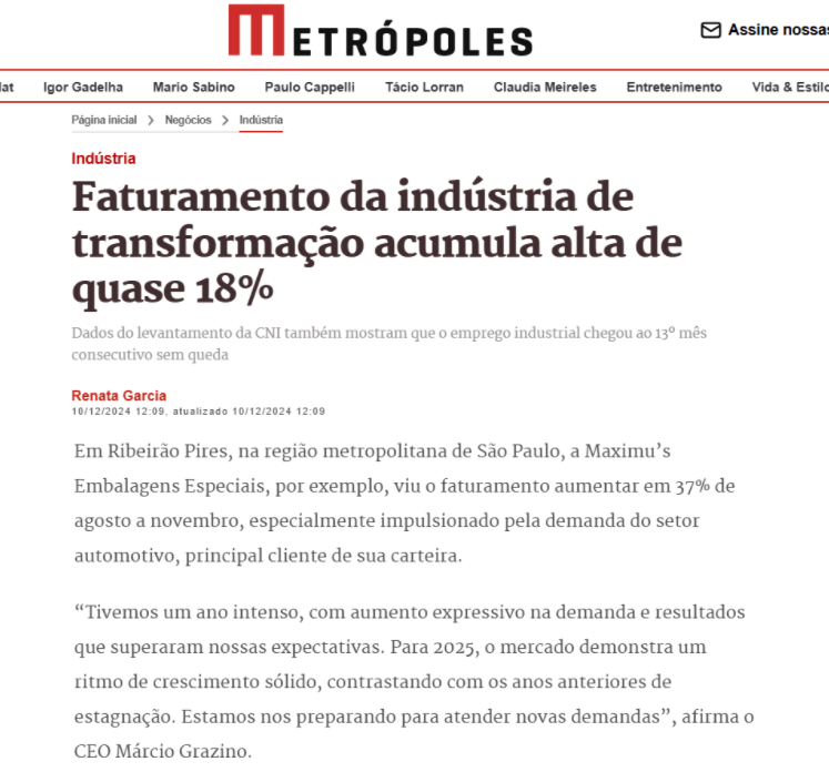 No portal Metrópoles, Maximu's é destaque em reportagem sobre avanço do setor industrial