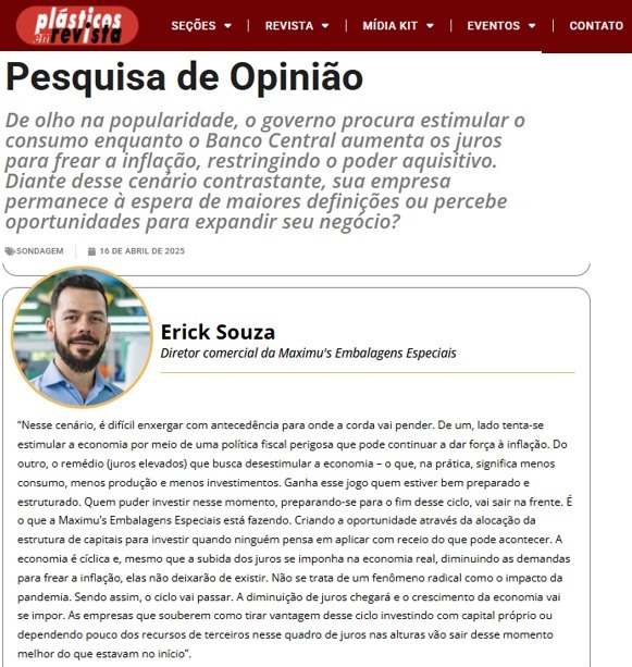Diretor comercial da Maximu's Embalagens Especiais participa de pesquisa de opinião do portal Plásticos em Revista